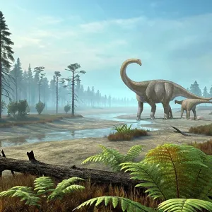 An Allosaurus dinosaur confronts a Diplodocus and its young An Allosaurus dinosaur confronts a Diplodocus and its young