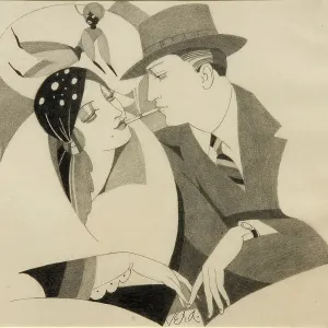 Art Deco couple share cigarette Art Deco couple share cigarette
