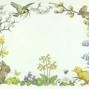 Border design with rabbit, duckling, birds, daffodils, primr Border design with rabbit, duckling, birds, daffodils, primr