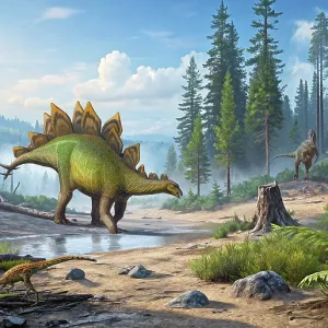 A Ceratosaurus stalks a Stegosaurus by a stream A Ceratosaurus stalks a Stegosaurus by a stream