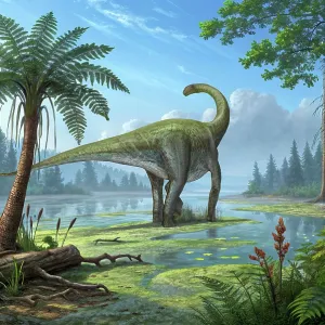 Cetiosaurus oxoniensis dinosaur in a Jurassic landscape Cetiosaurus oxoniensis dinosaur in a Jurassic landscape