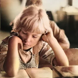 Child studying in school, Southeast Missouri Farms Child studying in school, Southeast Missouri Farms