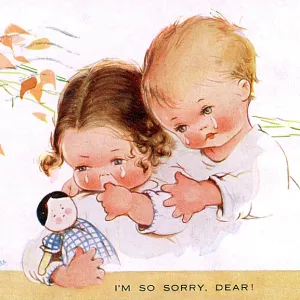 Two children crying over a sick dolly Two children crying over a sick dolly