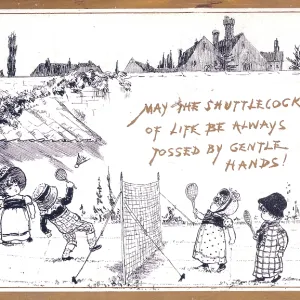 Children playing badminton on a greetings card Children playing badminton on a greetings card