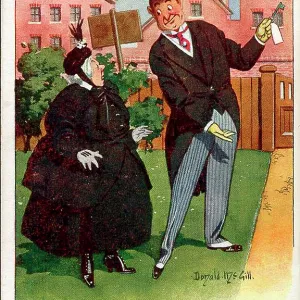Comic postcard, estate agent and elderly woman Comic postcard, estate agent and elderly woman