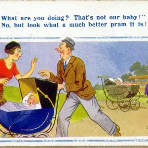 Comic postcard, Father takes the wrong pram Comic postcard, Father takes the wrong pram
