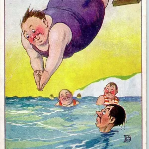 Comic postcard, Large man diving into the sea, WW1 Comic postcard, Large man diving into the sea, WW1
