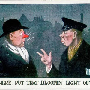 Comic postcard, man with red nose in blackout, WW2 Comic postcard, man with red nose in blackout, WW2