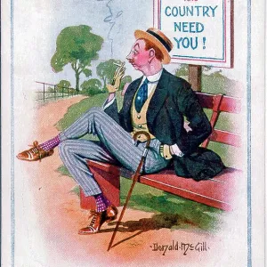 Comic postcard, man smoking on a bench, WW1 Comic postcard, man smoking on a bench, WW1