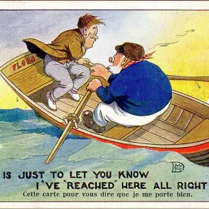 Comic postcard, Sea sickness in a rowing boat Comic postcard, Sea sickness in a rowing boat