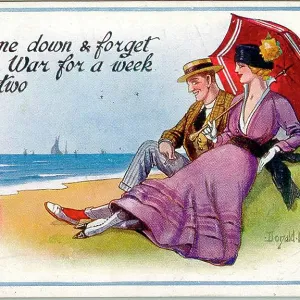 Comic postcard, Young couple at the seaside, WW1 Comic postcard, Young couple at the seaside, WW1
