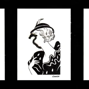 Three comic profiles with movable chain Three comic profiles with movable chain