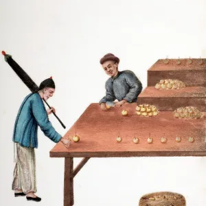 Drawing of Chinese market traders arranging fruit Drawing of Chinese market traders arranging fruit