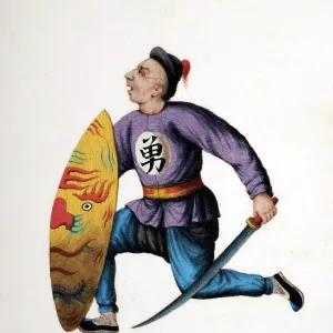 Drawing of Chinese soldier with sword and shield Drawing of Chinese soldier with sword and shield