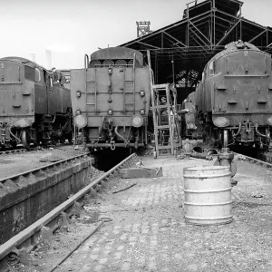 Nine Elms Old Shed with the back of three steam engines Nine Elms Old Shed with the back of three steam engines