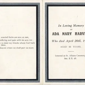 Funeral card, In Loving Memory of Ada Mary Harvey Funeral card, In Loving Memory of Ada Mary Harvey
