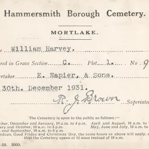 Hammersmith Borough Cemetery interment card Hammersmith Borough Cemetery interment card