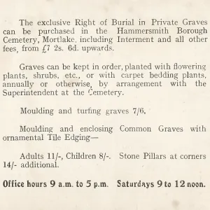 Hammersmith Borough Cemetery interment card Hammersmith Borough Cemetery interment card