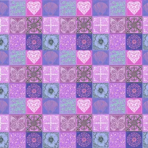Hearts, shells, and flowers linocut repeating pattern Hearts, shells, and flowers linocut repeating pattern