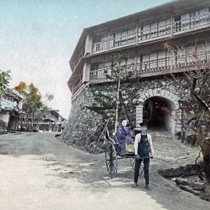 Hotel and rickshaw, Taradzuki, Kobe, Japan, circa 1890s Hotel and rickshaw, Taradzuki, Kobe, Japan, circa 1890s