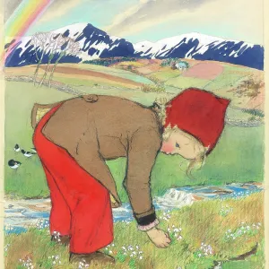 Little girl picking snowdrops, with rainbow Little girl picking snowdrops, with rainbow
