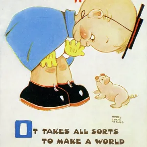 Little Girl and tiny pig - Fun Comic Postcard Little Girl and tiny pig - Fun Comic Postcard