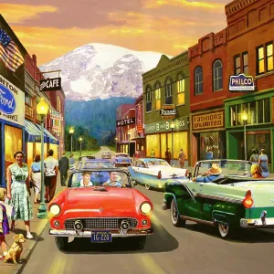 Main Street 1960s, Ford Thunderbird, Ford Galaxie Skyliner Main Street 1960s, Ford Thunderbird, Ford Galaxie Skyliner