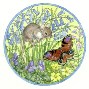 Mouse and peacock butterfly, with bluebells and primroses Mouse and peacock butterfly, with bluebells and primroses