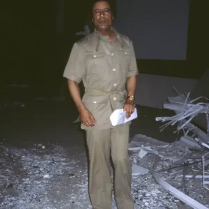 Muammar Gaddafi viewing bomb damage, Tripoli, Libya Muammar Gaddafi viewing bomb damage, Tripoli, Libya
