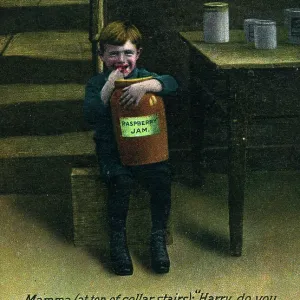 Naughty boy in the cellar tucking into the raspberry jam Naughty boy in the cellar tucking into the raspberry jam
