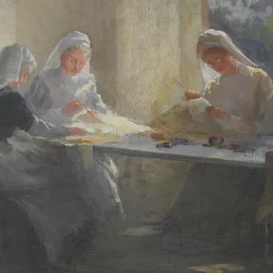 Three nurses sewing at a table, WW1 Three nurses sewing at a table, WW1