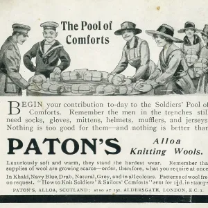Paton's knitting wools advertisement, WW1 comforts Paton's knitting wools advertisement, WW1 comforts