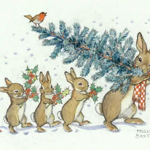 A rabbit carrying a christmas tree with her three children A rabbit carrying a christmas tree with her three children