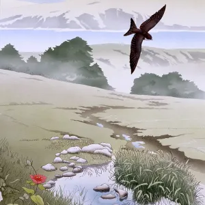 Rural scene with swallow and stream Rural scene with swallow and stream