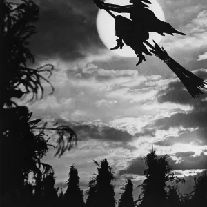 Silhouette of Witch flying on a broom Silhouette of Witch flying on a broom