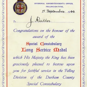 Special Constabulary Long Service Medal Certificate, 1944 Special Constabulary Long Service Medal Certificate, 1944