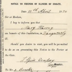 St Albans Poor Law Institution, Notice of Illness of Inmate St Albans Poor Law Institution, Notice of Illness of Inmate