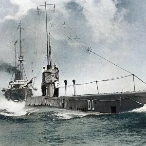 Submarine D 1 with HMS Drake in her wake Submarine D 1 with HMS Drake in her wake