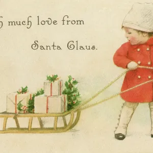A sweet little girl pulling her sledge along