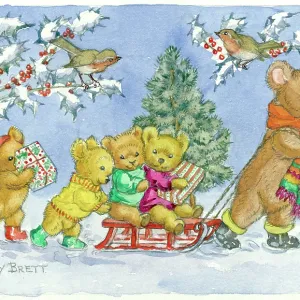 Five teddy bears with sledge and two robins Five teddy bears with sledge and two robins