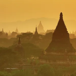 Temples and pagodas at sunset, Plain of Bagan, Myanmar Temples and pagodas at sunset, Plain of Bagan, Myanmar