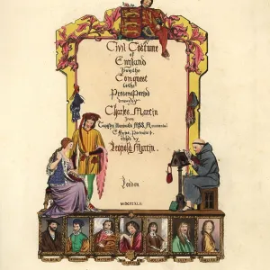 Title page with medieval herald, monk and lady