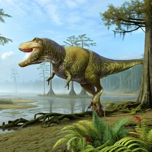 Tyrannosaurus rex dinosaur hunting the prehistoric wetlands Tyrannosaurus rex dinosaur hunting the prehistoric wetlands