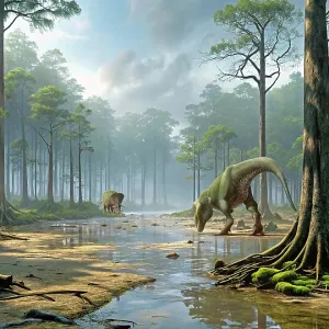 Tyrannosaurus rex stalks a Triceratops dinosaur Tyrannosaurus rex stalks a Triceratops dinosaur