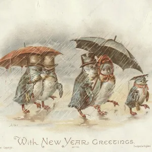 Victorian Greeting Card - Penguins in the Rain Victorian Greeting Card - Penguins in the Rain