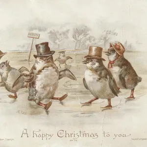 Victorian Greeting Card - Penguins Skating Victorian Greeting Card - Penguins Skating