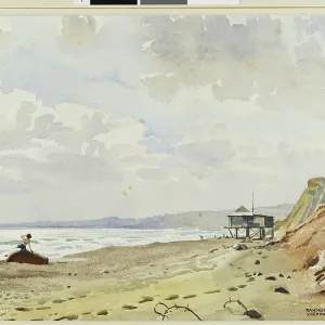 Watercolour scene with beach and observation post Watercolour scene with beach and observation post