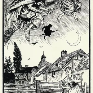 Witches flying on their broomsticks
