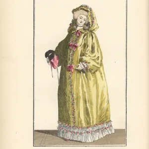 Woman in canary-yellow taffeta hooded cape