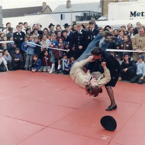 Woman police officer in self-defence exercise Woman police officer in self-defence exercise